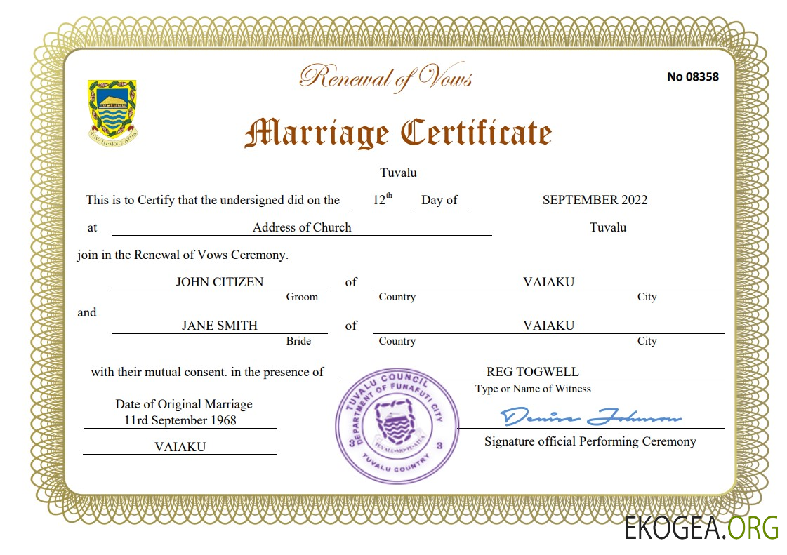 Modèle Word et PDF d'acte de mariage à Tuvalu